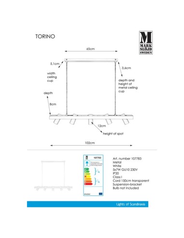 Plafonnier barre Torino Markslöjd 5 spots orientables