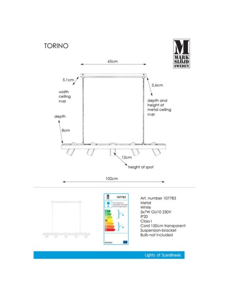 Plafonnier barre Torino Markslöjd 5 spots orientables