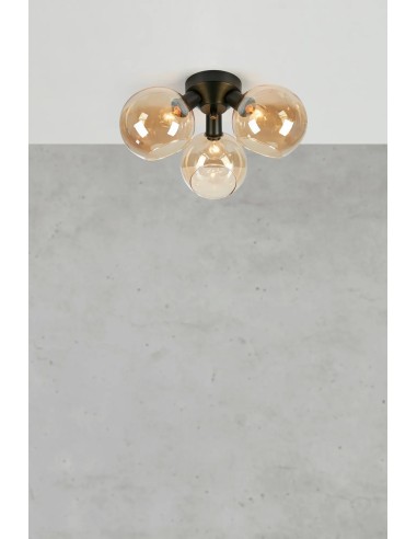 Suspension plafonnier 3 lampes verre ambré et métal noir