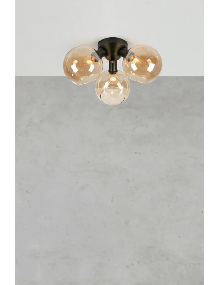 Suspension plafonnier 3 lampes verre ambré et métal noir
