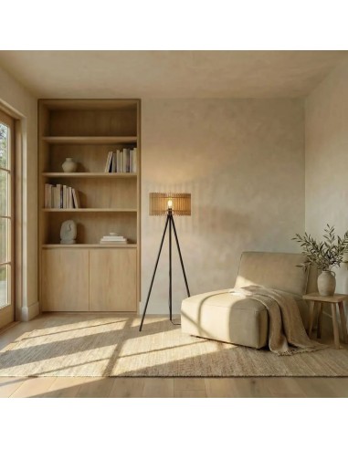 Lampadaire Led noir en bois clair Diam. 34 cm - Atelier Loupiote - Apollon