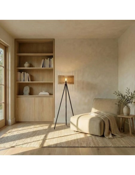 Lampadaire Led noir en bois clair Diam. 40 cm - Atelier Loupiote - Apollon