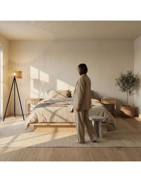 Lampadaire Led noir en bois clair Diam. 40 cm - Atelier Loupiote - Apollon