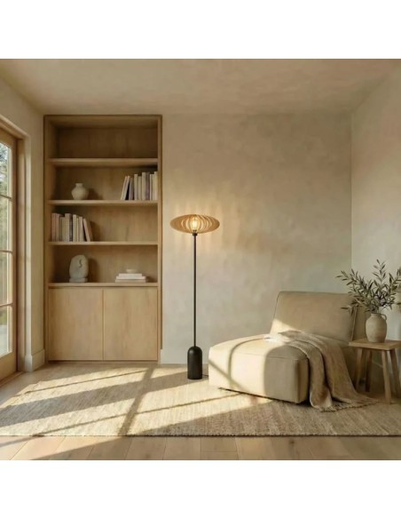 Lampadaire Led noir en bois clair Diam. 50 cm - Atelier Loupiote - Mini Néo