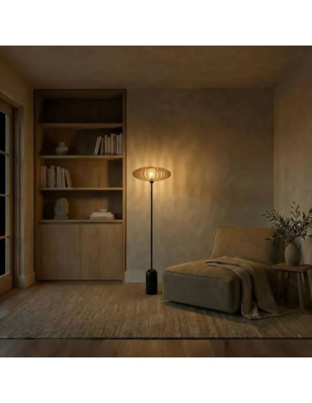 Lampadaire Led noir en bois clair Diam. 50 cm - Atelier Loupiote - Mini Néo