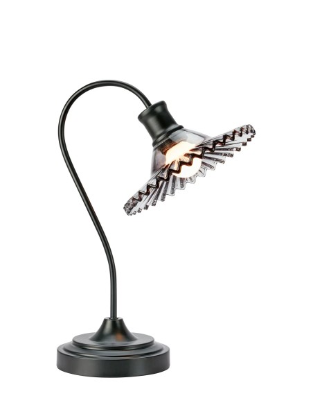 Lampe de table Novia Markslojd noir avec abat-jour verre plissé gris fumé élégant