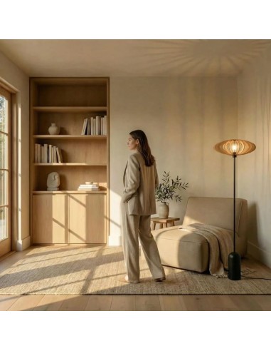 Lampadaire Led noir en bois teinté chêne Diam. 50 cm - Atelier Loupiote - Mini Néo