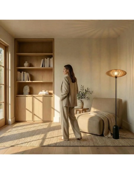 Lampadaire Led noir en bois teinté chêne Diam. 50 cm - Atelier Loupiote - Mini Néo