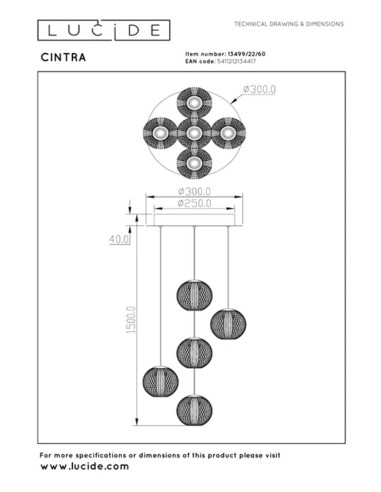 Suspension Led Diam. 32 cm Dimmable 5x4,7W 2700K Or mat - Lucide - Cintra