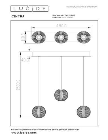 Suspension Led Dimmable 3 x4,7W 2700K 283 LM Or mat - Lucide - Cintra