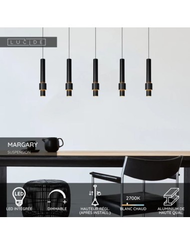Suspension Led Dimmable 5 x 4.2 W 2700K 460 LM Noir - Lucide - Margary