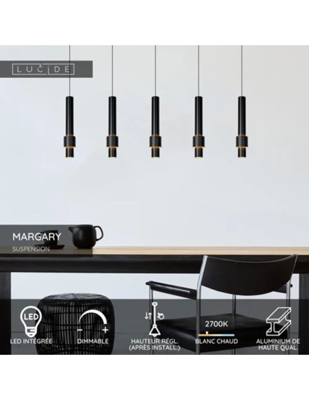 Suspension Led Dimmable 5 x 4.2 W 2700K 460 LM Noir - Lucide - Margary