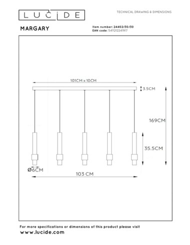 Suspension Led Dimmable 5 x 4.2 W 2700K 460 LM Noir - Lucide - Margary