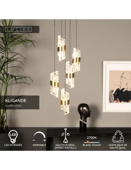 Suspension Diam. 13 cm LED 5x8W 2700K 520LM Or mat/ laiton - Lucide - Kligande