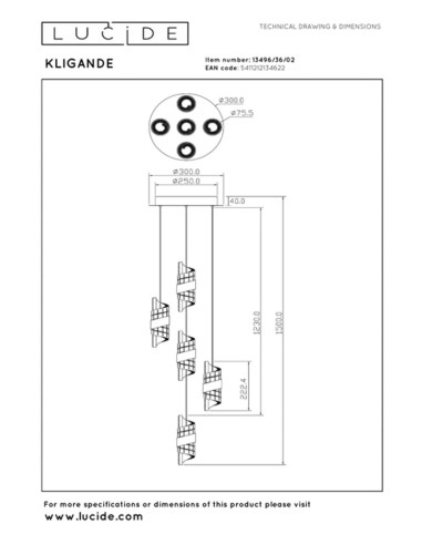Suspension Diam. 13 cm LED 5x8W 2700K 520LM Or mat/ laiton - Lucide - Kligande