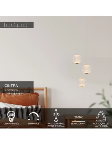 Suspension Led Diam. 25cm Dimmable 3 x4,7W 2700K Or mat - Lucide - Cintra