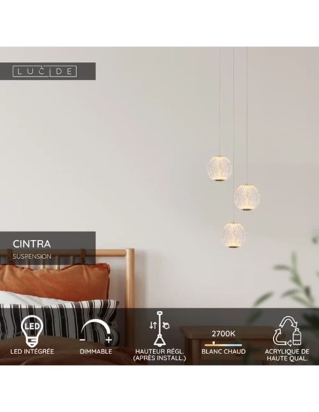 Suspension Led Diam. 25cm Dimmable 3 x4,7W 2700K Or mat - Lucide - Cintra