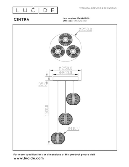 Suspension Led Diam. 25cm Dimmable 3 x4,7W 2700K Or mat - Lucide - Cintra