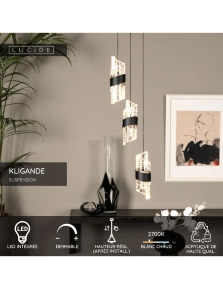 Suspension Diam. 25 cm LED 3x8W 2700K 600LM Noir - Lucide - Kligande