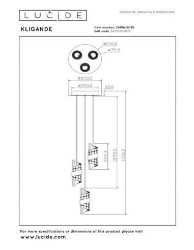 Suspension Diam. 25 cm LED 3x8W 2700K 600LM Noir - Lucide - Kligande