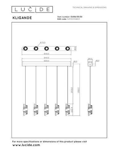 Suspension LED 5 x 7.8W 2700K 620 LM Métal Noir  - Lucide - Kligande