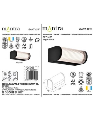 Éclairage extérieur LED 3000K applique murale Mantra Gant noir terrasse mur moderne IP65