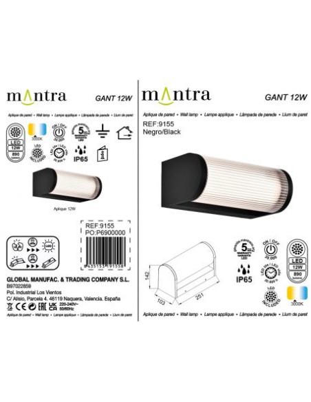 Éclairage extérieur LED 3000K applique murale Mantra Gant noir terrasse mur moderne IP65