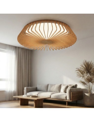 Plafonnier LED Himalaya Plafon bois installé dans salon chaleureux moderne