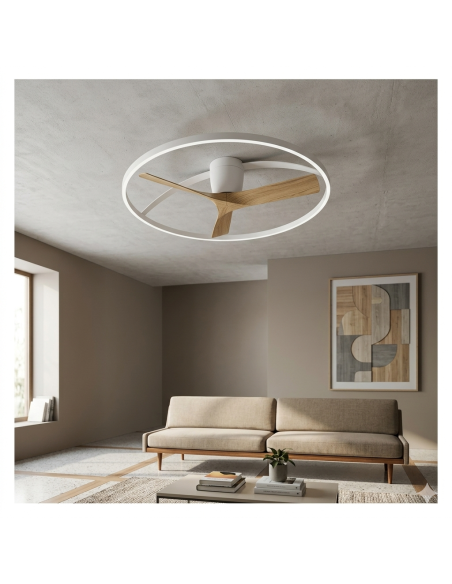 Ventilateur Diam.75 cm Dim. 45 W 3000/5000K Blanc et Bois- Mantra - Nepal II