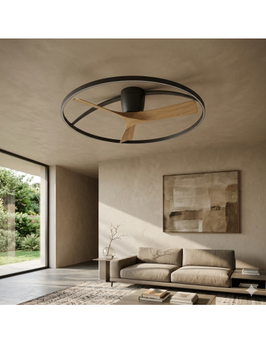 Ventilateur Diam.75 cm Dim. 45 W 3000/5000K Noir et Bois - Mantra - Nepal II