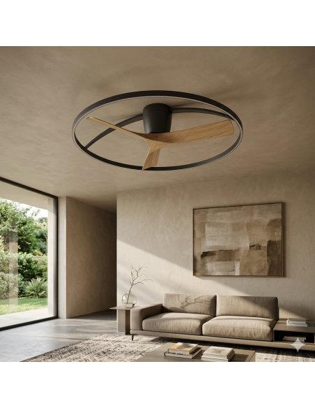 Ventilateur Diam.75 cm Dim. 45 W 3000/5000K Noir et Bois - Mantra - Nepal II