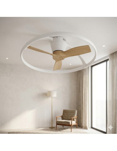 Ventilateur Diam.75cm Dim. 2700/5000K 55W Blanc et Bois - Mantra - Nepal Mini