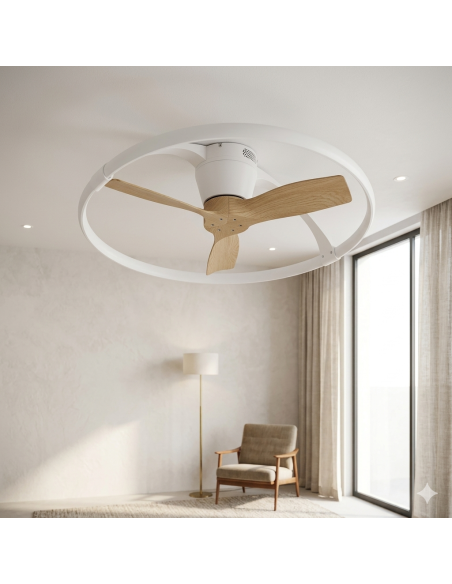 Ventilateur Diam.75cm Dim. 2700/5000K 55W Blanc et Bois - Mantra - Nepal Mini