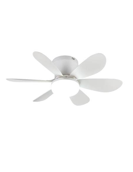 Plafonnier ventilateur LUND LED installé dans petite chambre moderne