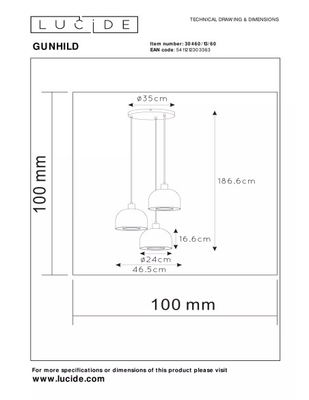 Suspension ronde 3xE27 60W Dimmable Transparent - Lucide - Gunhild