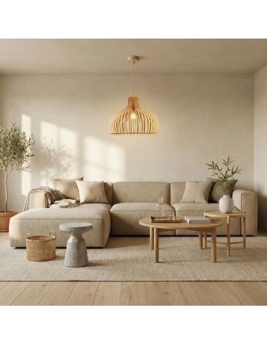 Suspension Led bois Clair Diam. 55cm 1xE27 12 W - Atelier Loupiote - Léon