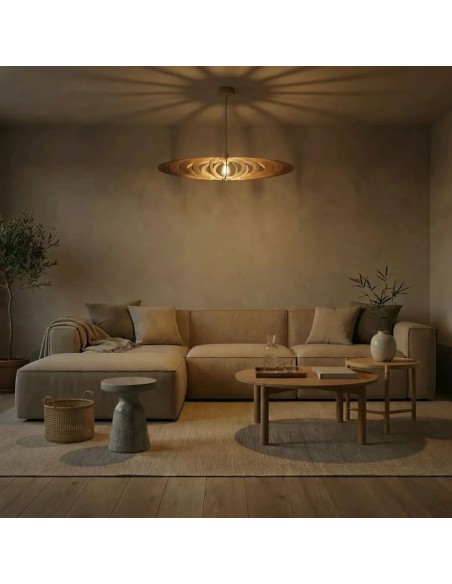 Suspension bois teinté chêne ø85cm E27 12W - Atelier Loupiote - Néo