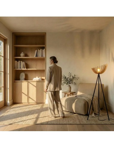 Lampadaire Led noir teinté chêne GM 10W  - Atelier Loupiote - Athena