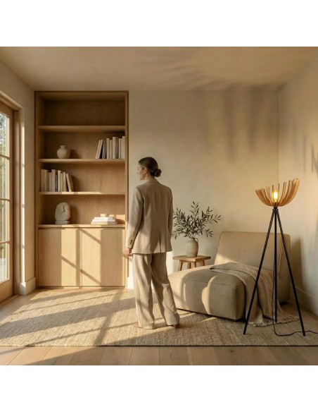 Lampadaire Led noir teinté chêne GM 10W  - Atelier Loupiote - Athena