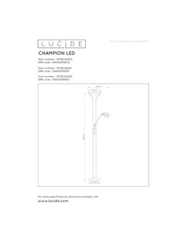 Lampadaire Led dimmable avec liseuse Champion noir - Lucide Leluminaireled.com