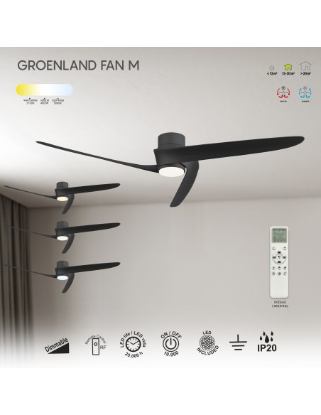 Ventilateur plafond Diam. 122cm 24W 27000/5000K Noir - Mantra - Groenland M