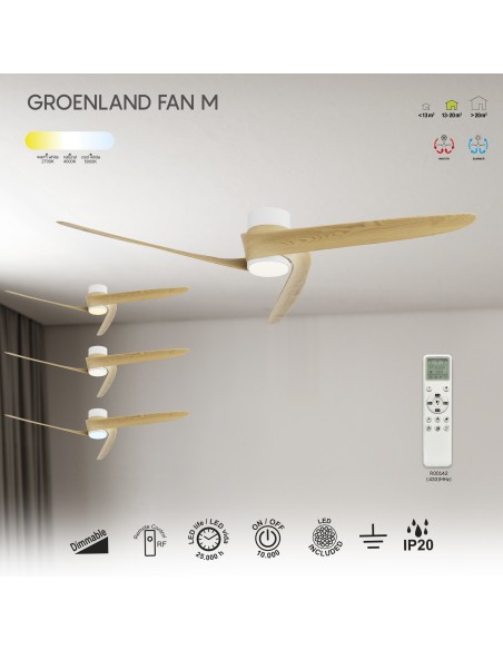 Ventilateur plafond Diam. 122cm 24W 27000/5000K Bois - Mantra - Groenland M