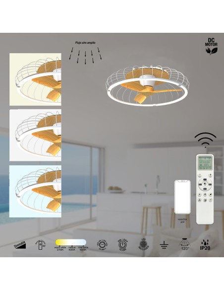 Ventilateur plafond Dim. 75W 2700/5000 K Bois et Blanc - Mantra - Nature