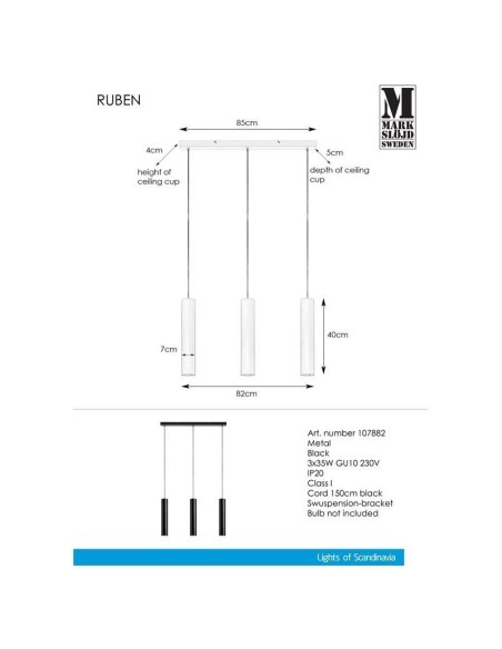 Suspension Led 3 sources lumineuses Ruben - Markslöjd Leluminaireled.com