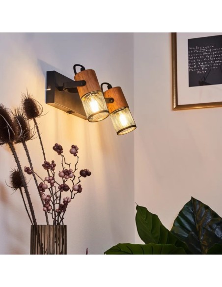 Applique Led  culot 2 x E14 support métal noir douilles bois - Trio - Tosh II Leluminaireled.com