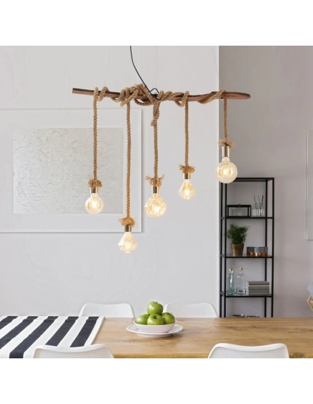 Suspension 5 points lumineux culot E27 bois et métal - Näve - Rope Leluminaireled.com