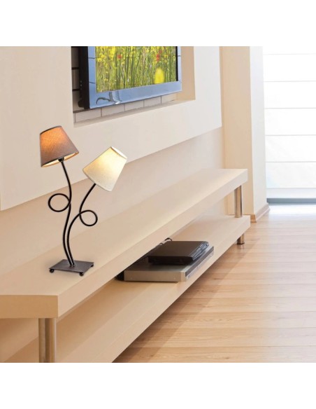 Lampe de table métal noir abat-jour tissu ivoire et taupe 2 points lumineux - Näve - Boho Leluminaireled.com