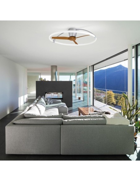 Plafonnier/ventilateur dimmable à changement de température de couleur argent/noyer - Mantra - Népal Leluminaireled.com