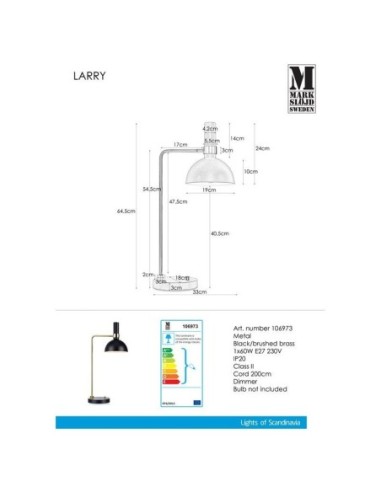 Lampe de table Led dimmable design Monika Mulder noire et laiton- Markslöjd - Larry Leluminaireled.com