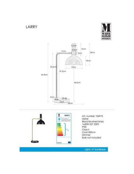 Lampe de table Led dimmable design Monika Mulder noire et laiton- Markslöjd - Larry Leluminaireled.com